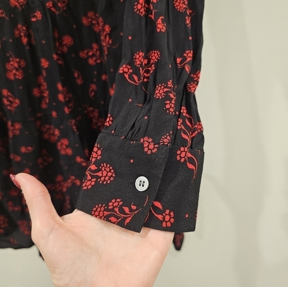 LOFT Womens Size Large Black Red Floral Tiered Dress Long Sleeve Split Neck - Picture 5 of 9